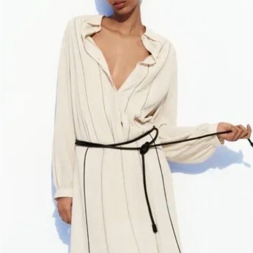 Zara Cream Midi Dress blouse and skirt with Black detail size Small